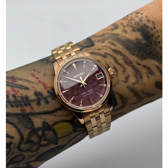 Custom Seiko Mod • Maroon Red Sakura Rose Gold Diamond Presage • 33mm